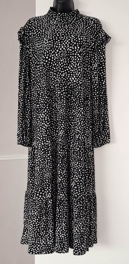 Brand New QED London Black Polka Dot Tiered Midi Dress - Size 14