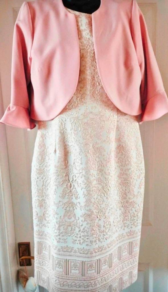 Kaleidoscope Wedding Guest/Mother of Bride Dress and Bolero Set - Blush Pink & Cream 14