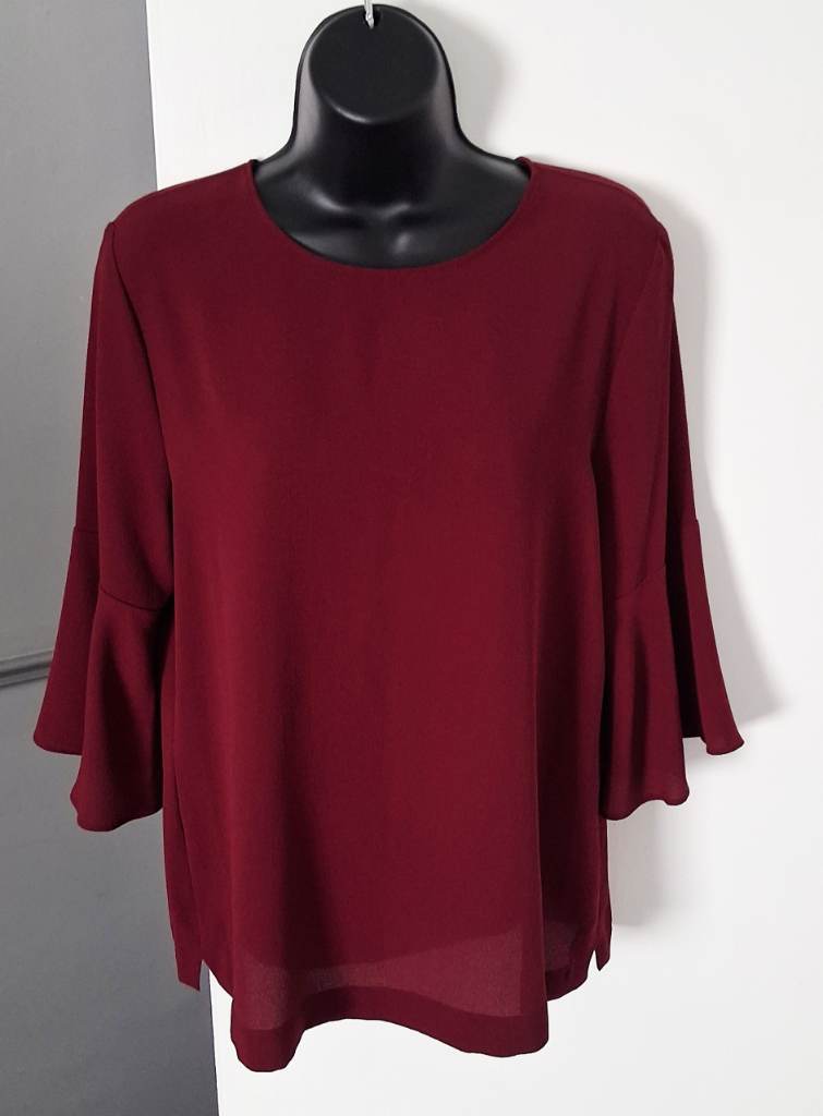 Peacocks Burgundy Flute Sleeve Top Size 12