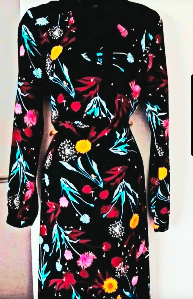 M&S Per Una Black Floral Tie Neck Midi Dress - Size 10