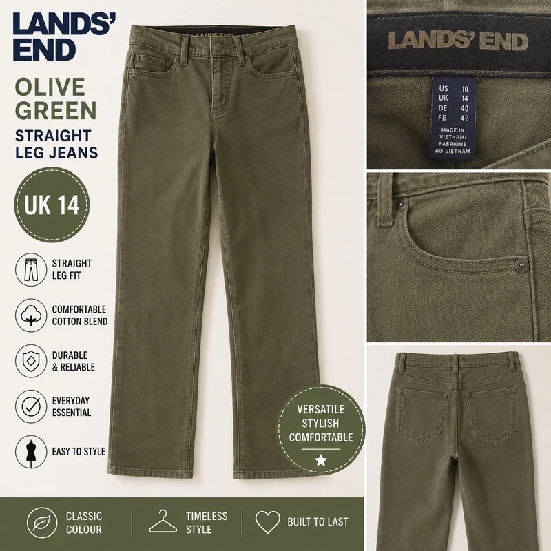 Lands' End Olive Green Straight Leg Jeans UK 14