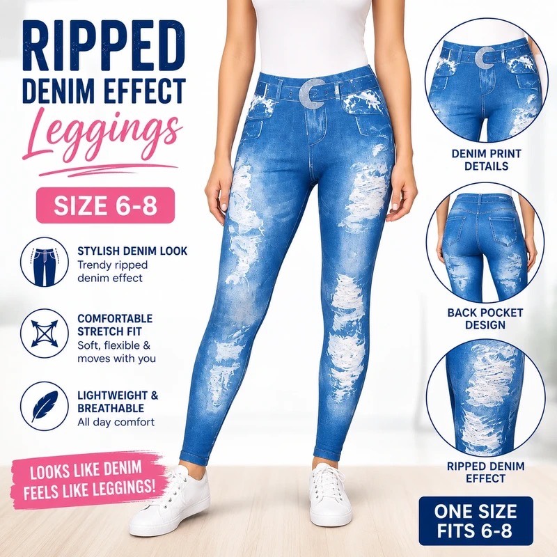 Women's Blue Denim Print Leggings Ripped Effect Stretch Size 6-8 Casual- Brand New