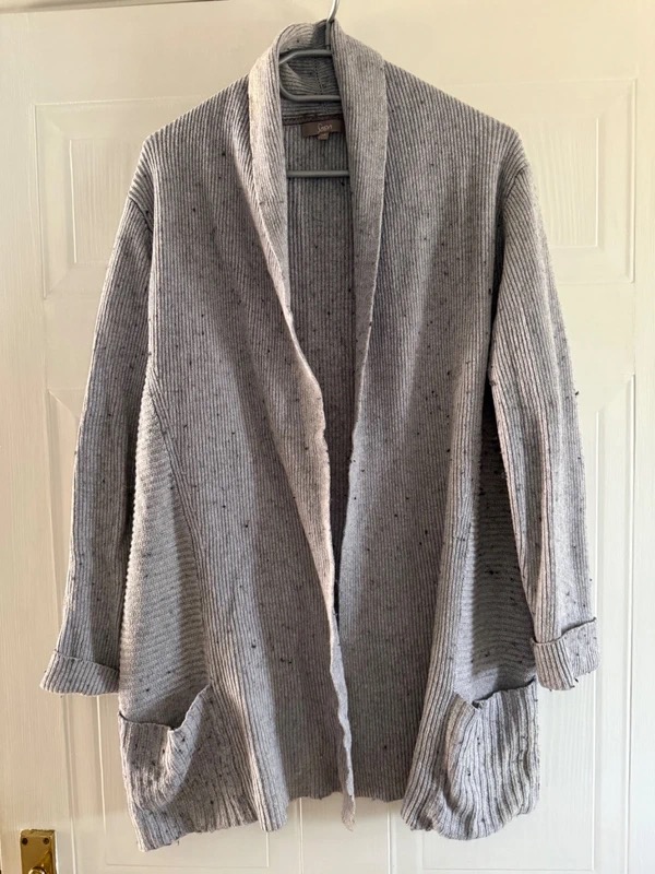 Soon Grey Speckled Ribbed Longline Cardigan Size 14 Open Front Knit Pockets