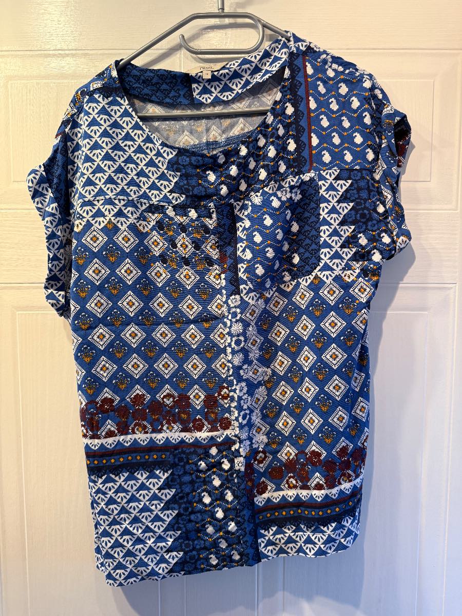 Next Women's Blue Patchwork Print Blouse Top UK 14 Viscose Boho Casual