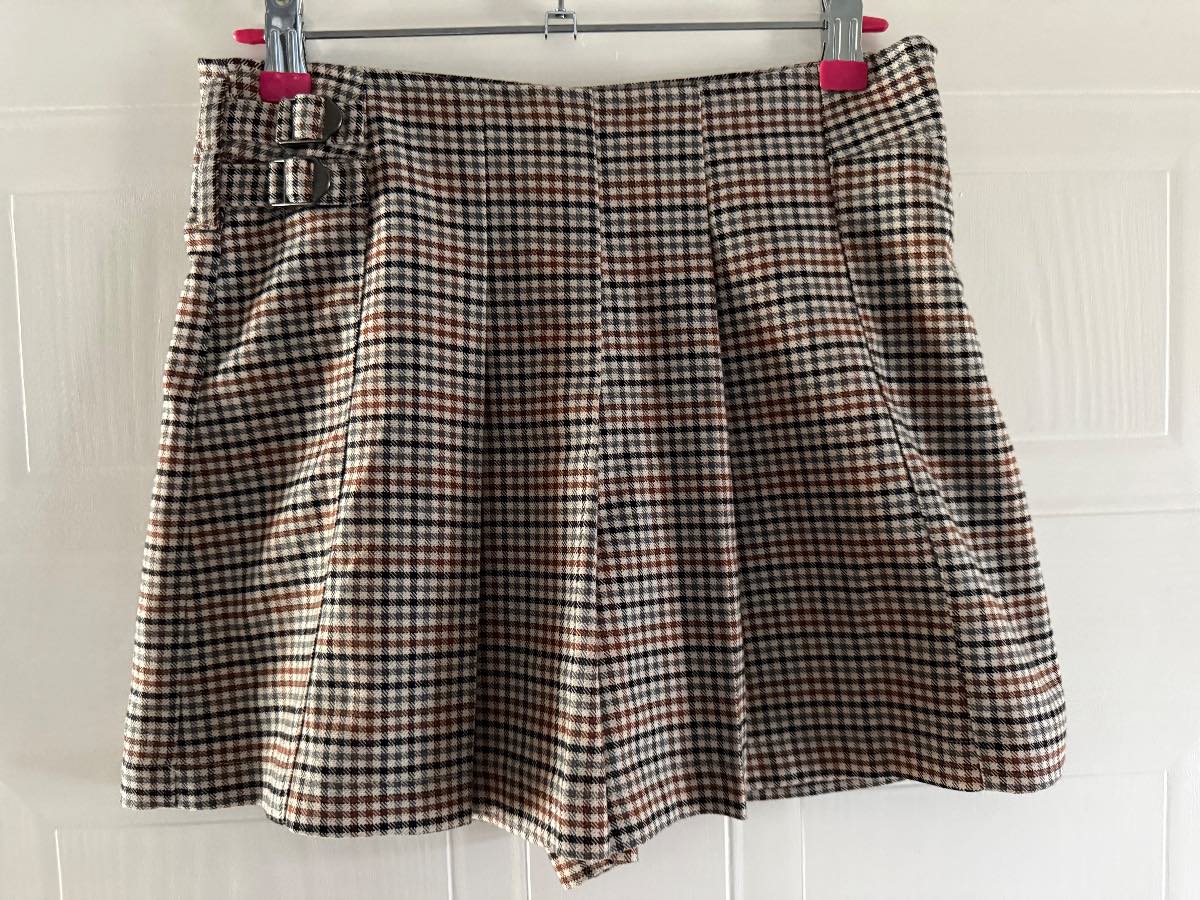 ZARA Women's Checked Skorts Size 13-14 UK 164 Brown Plaid Buckle Mini Shorts Skirt