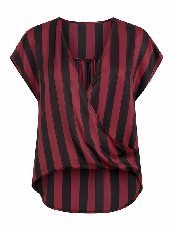 Forever 21 Burgundy & Black Stripe Wrap Blouse UK L Short Sleeve Sheer Top