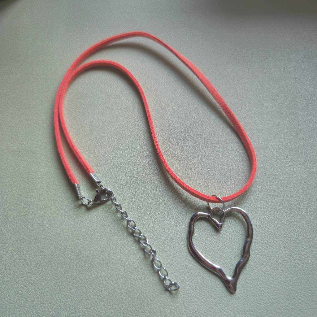 Metal Heart Pendant Orange Fuax Leather Necklace 45cm