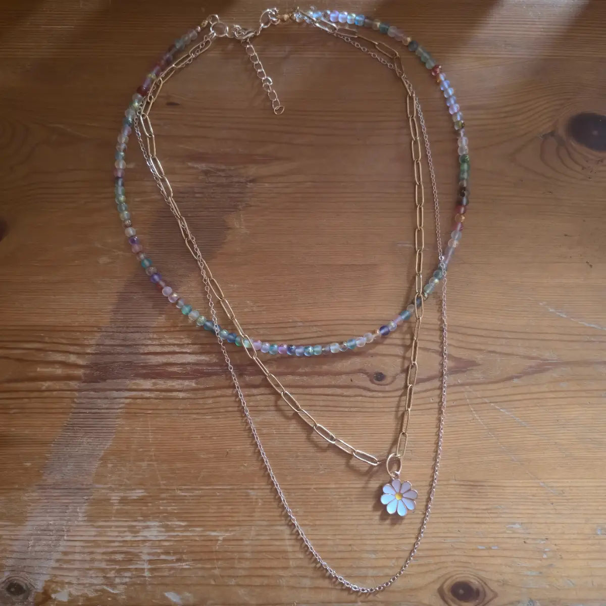 Golden Beaded Three Necklace With Daisy Pendant