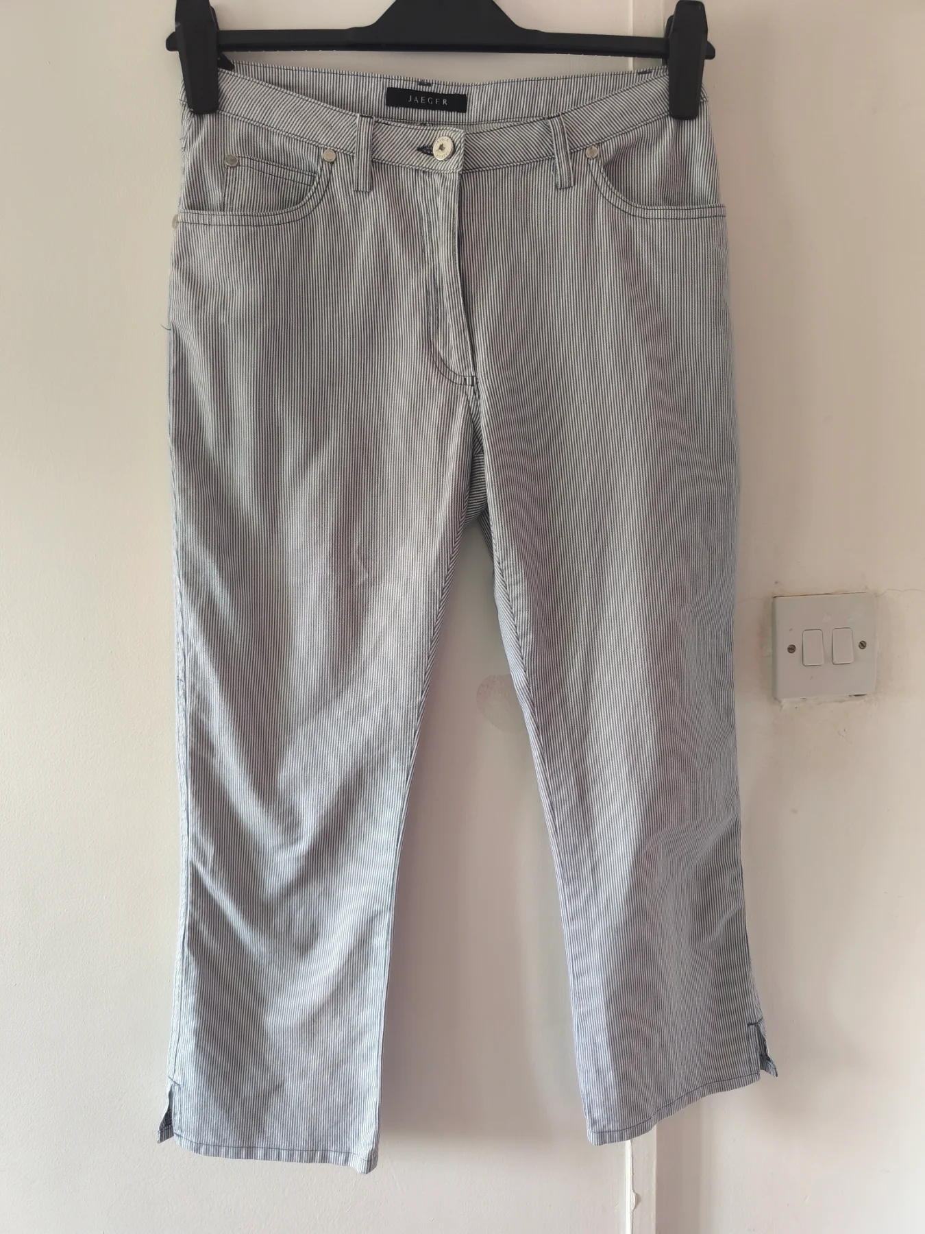 Jaeger Blue White Striped Cropped Trousers Capri Pants UK Size 10