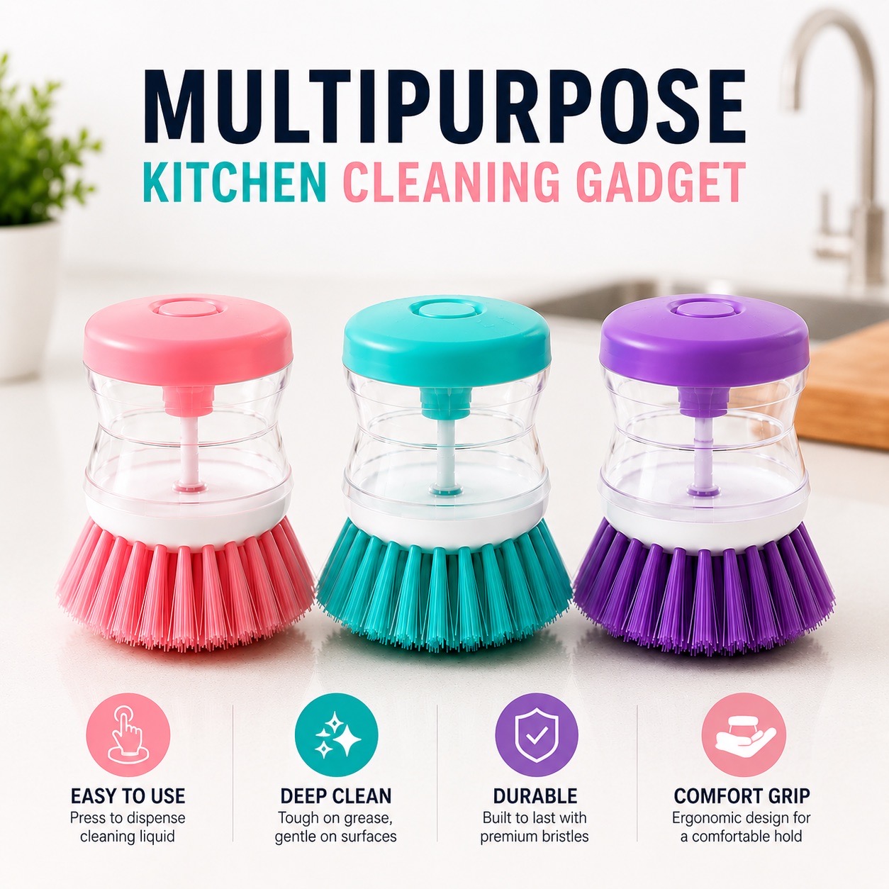 Soap Dispensing Dish Brush – Refillable Palm Scrubber for Kitchen, Pots & Sink X2