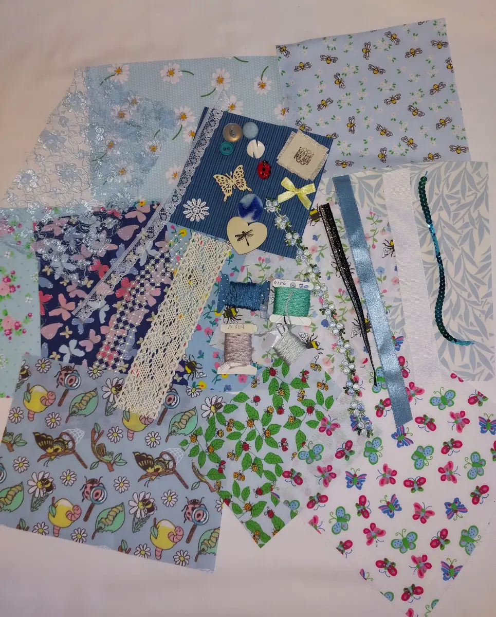 blue floral and bugs slow stitching kit