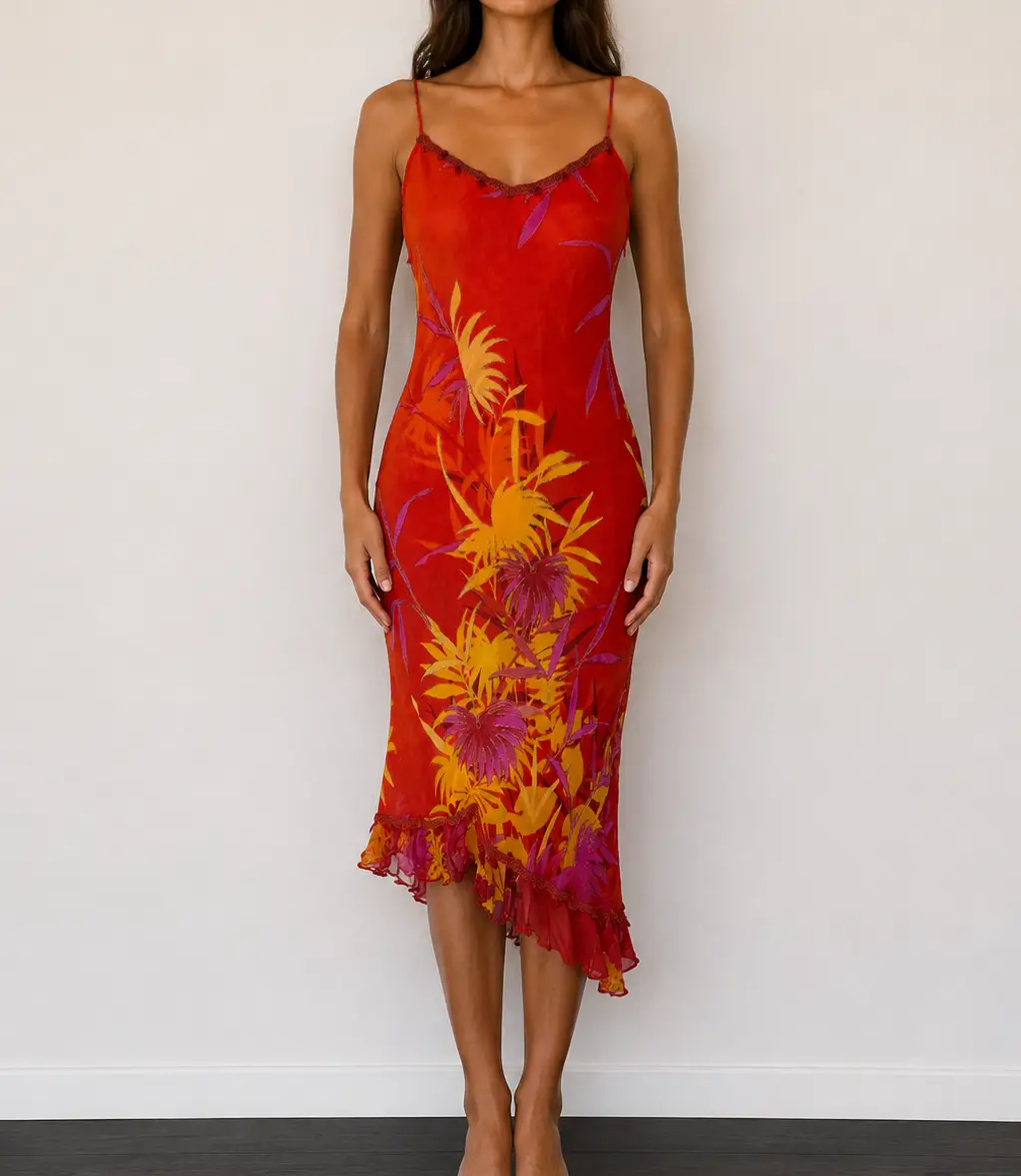 Rene Derhy Y2K Tropical Floral Midi Dress UK 8 Colourful Summer Fairy Dress