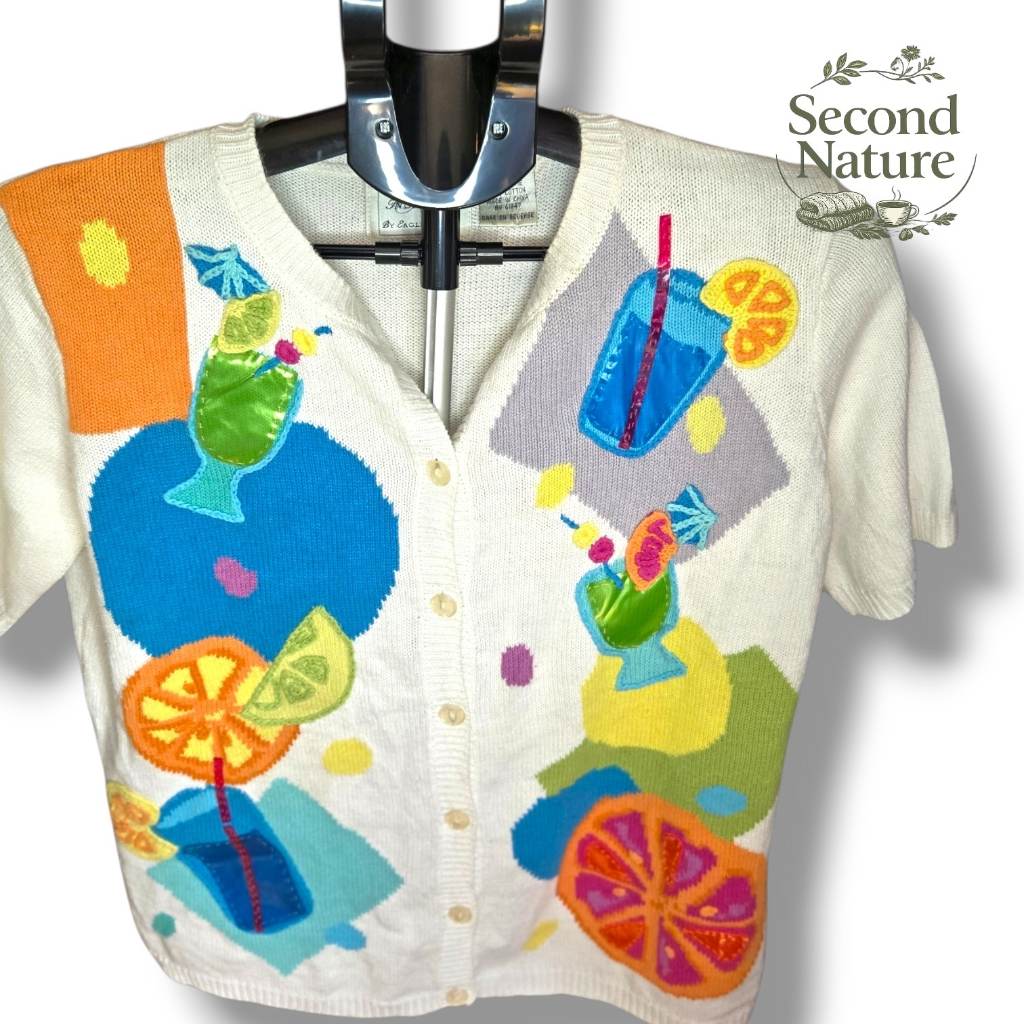 Vintage In Stitches by Eagle's Eye Tropical Cocktail Knit Cardigan Sweater, Size M