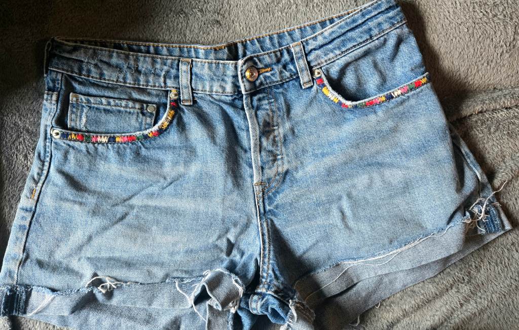 Festival Boho Denim Shorts UK 10 | Y2K Embroidered Jean Shorts Ibiza Summer