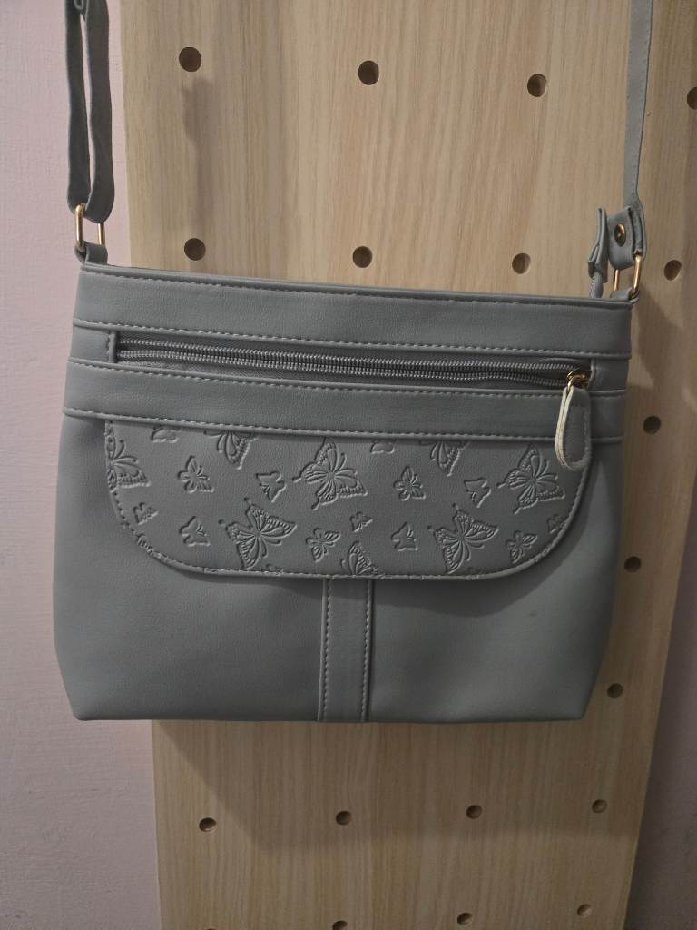 Grey Butterfly Crossbody Bag Faux Leather Shoulder Handbag Adjustable Strap