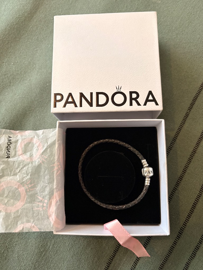 PANDORA Black Braided Leather Charm Bracelet, Silver Barrel Clasp Signed