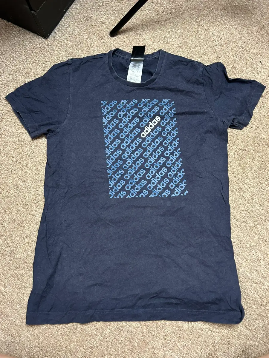 Adidas Mens Size Small Navy Blue Tee Graphic Print All Over Logo T-shirt