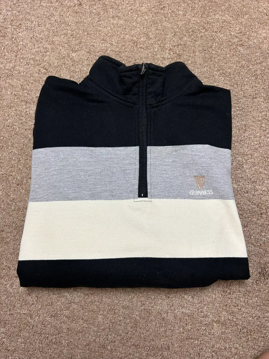 Guinness Quarter Zip Jumper Mens XL Striped Black White Grey 1/4 Zip Sweatshirt
