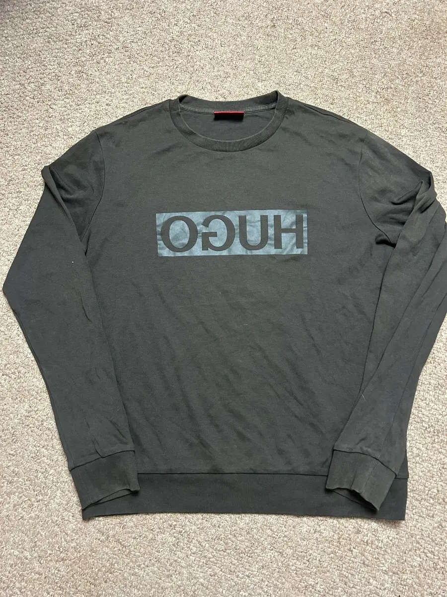 Hugo Boss Sweatshirt Mens Size Small Khaki Reverse Spellout Logo Pullover Jumper