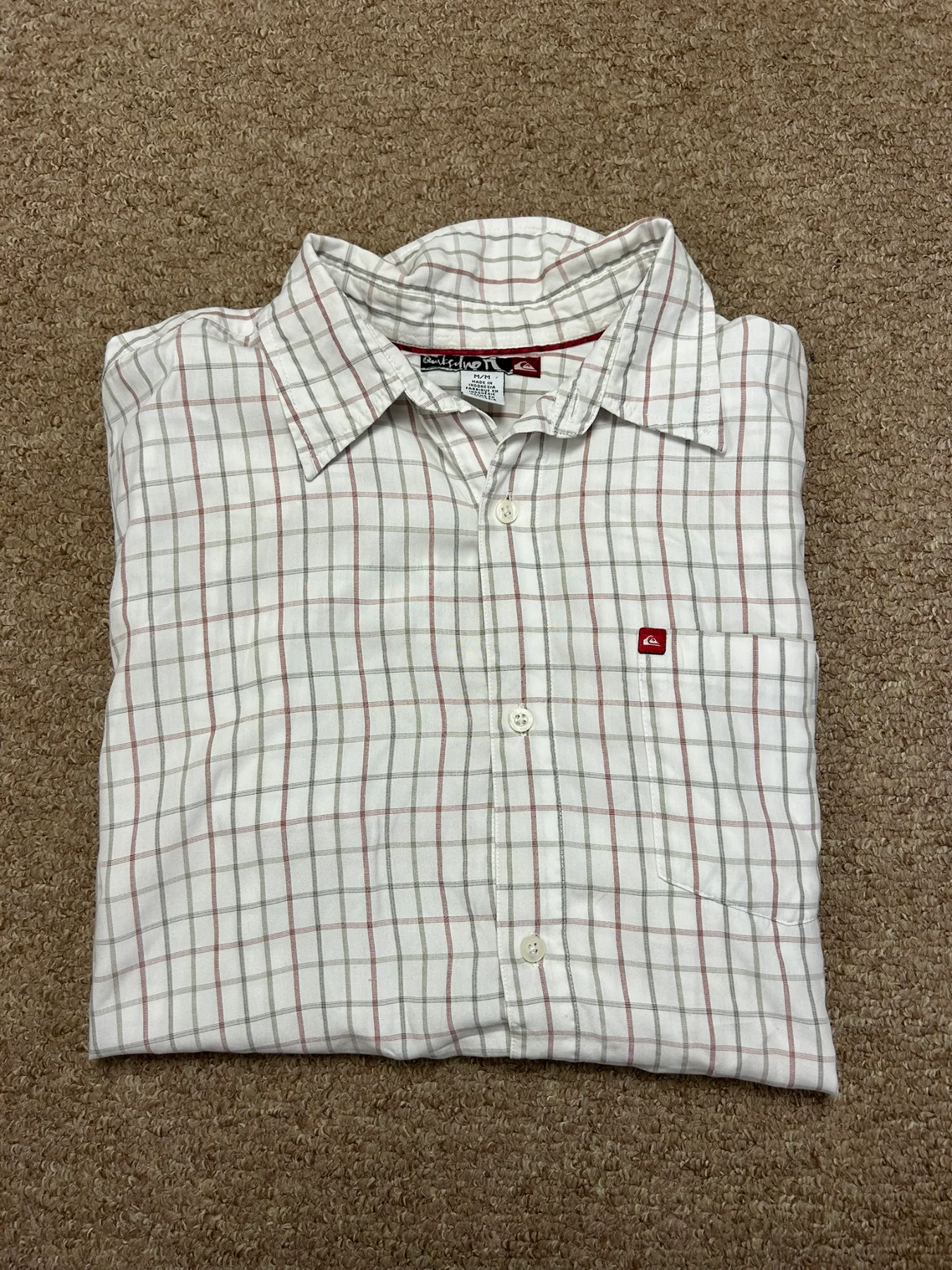 Quiksilver Y2K Mens Medium Plaid Check Button Casual Surf Shirt White Red Grey