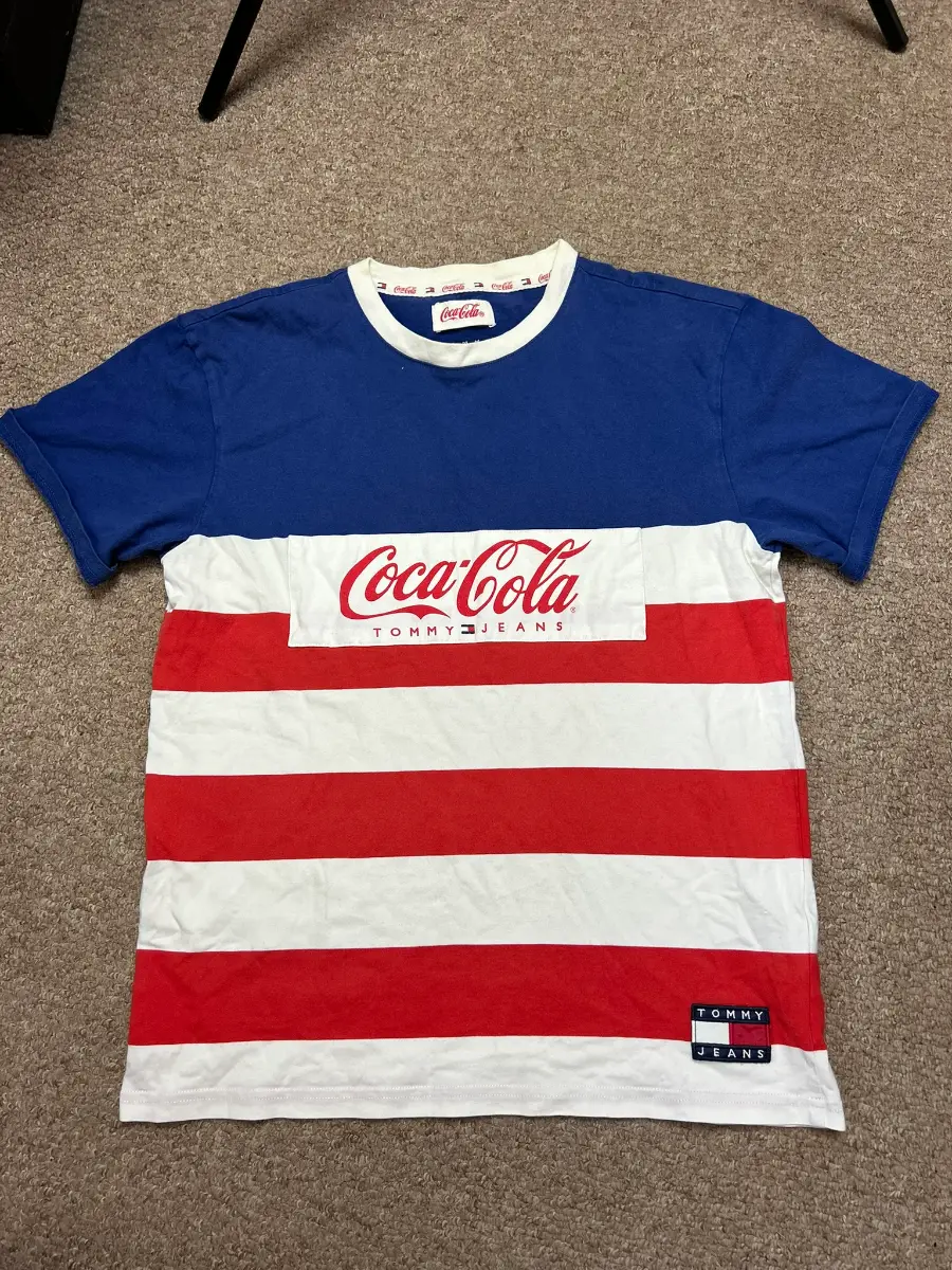 Tommy Hilfiger x Coca Cola Womens Medium Tee Red White Striped Spellout T-shirt