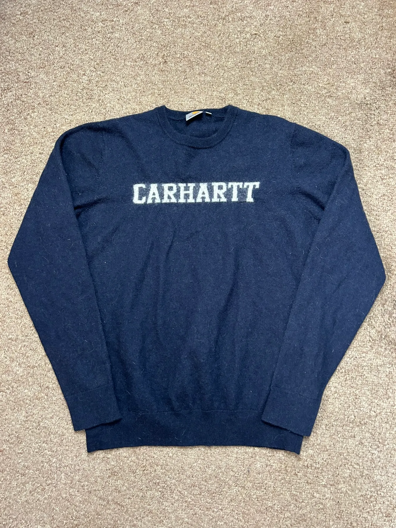Carhartt WIP College Knit Jumper Mens Small Navy Blue Lambswool Crewneck Sweater
