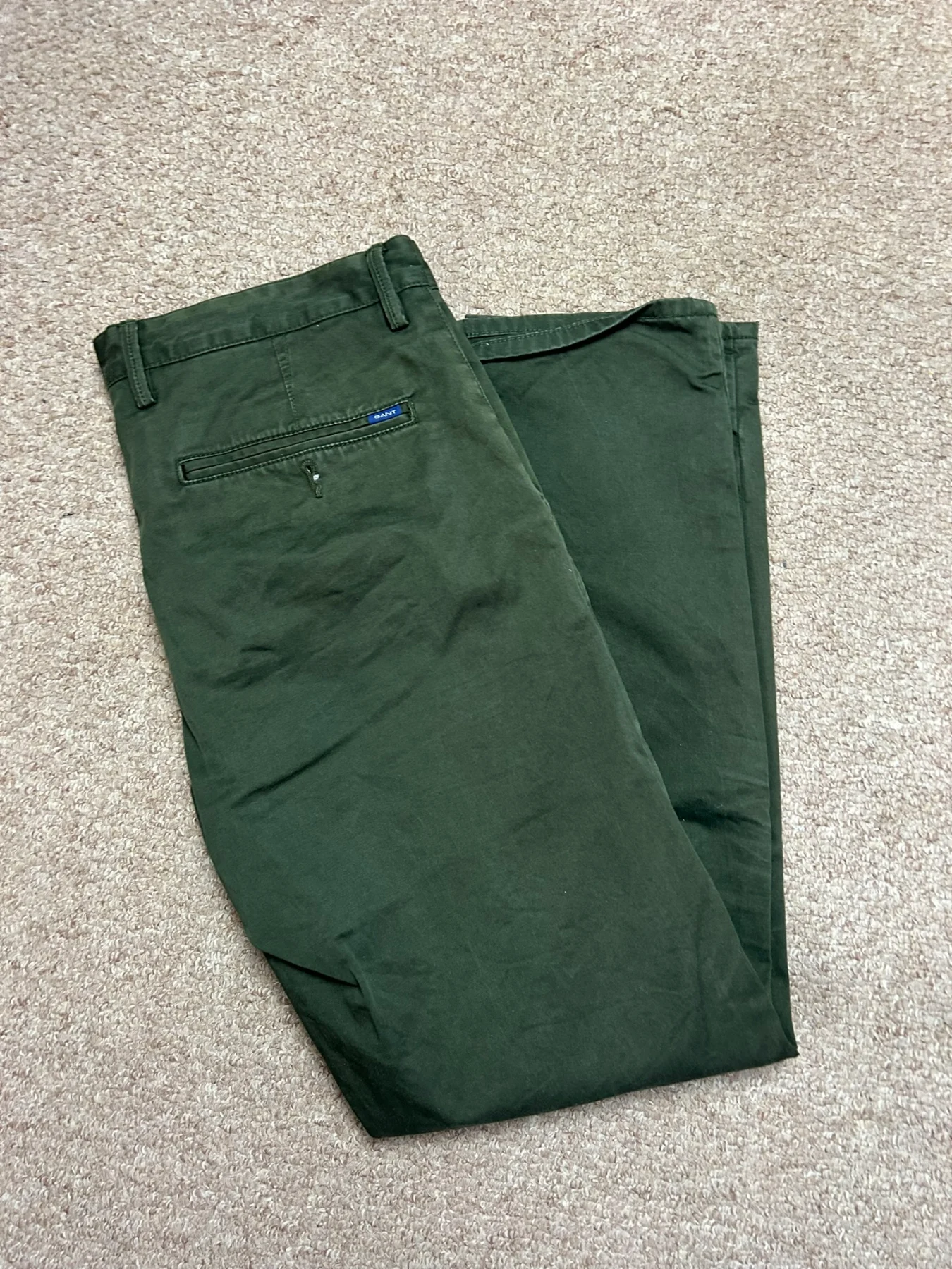 GANT Mens Chino Trousers W34 L32 Green Cotton Straight Regular Flat Front Pants