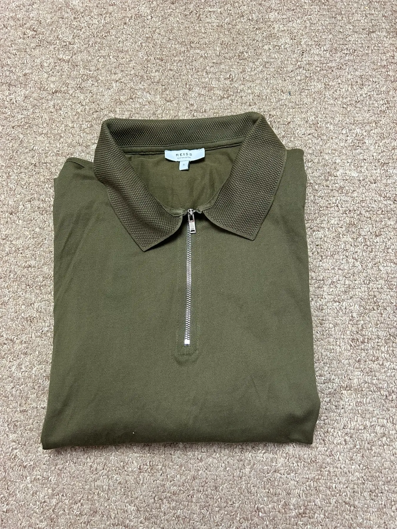 Reiss 1/4 Zip Long Sleeve Polo Shirt Mens Size Small Khaki Egyptian Cotton Top
