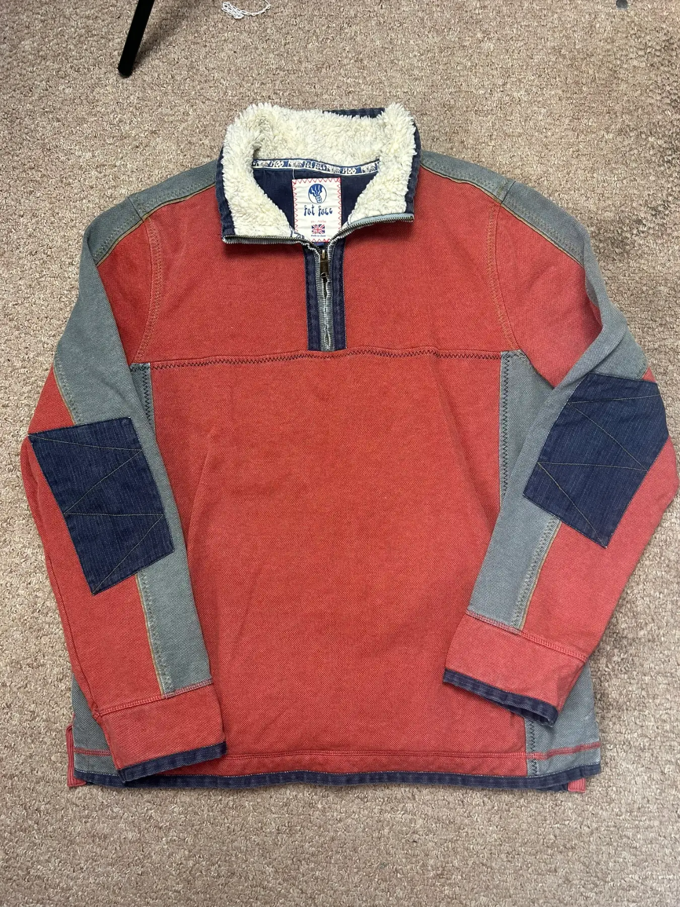 Fat Face The Airlie 1/4 Zip Jumper Mens Large Red Grey Heavy Cotton Sweatshirt