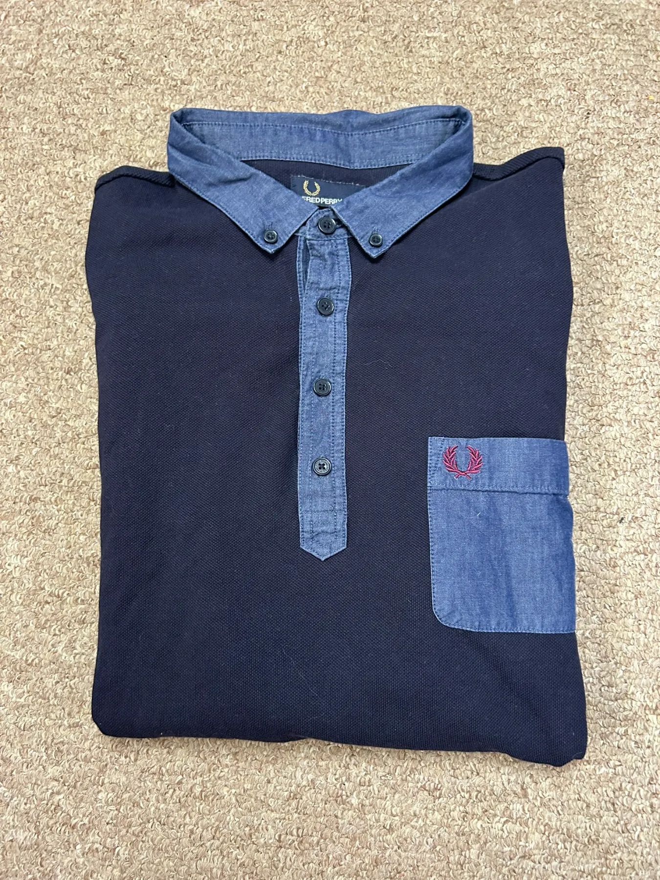 Fred Perry Woven Long Sleeve Polo Shirt Mens XL Navy Blue Slim Fit Pocket Tee