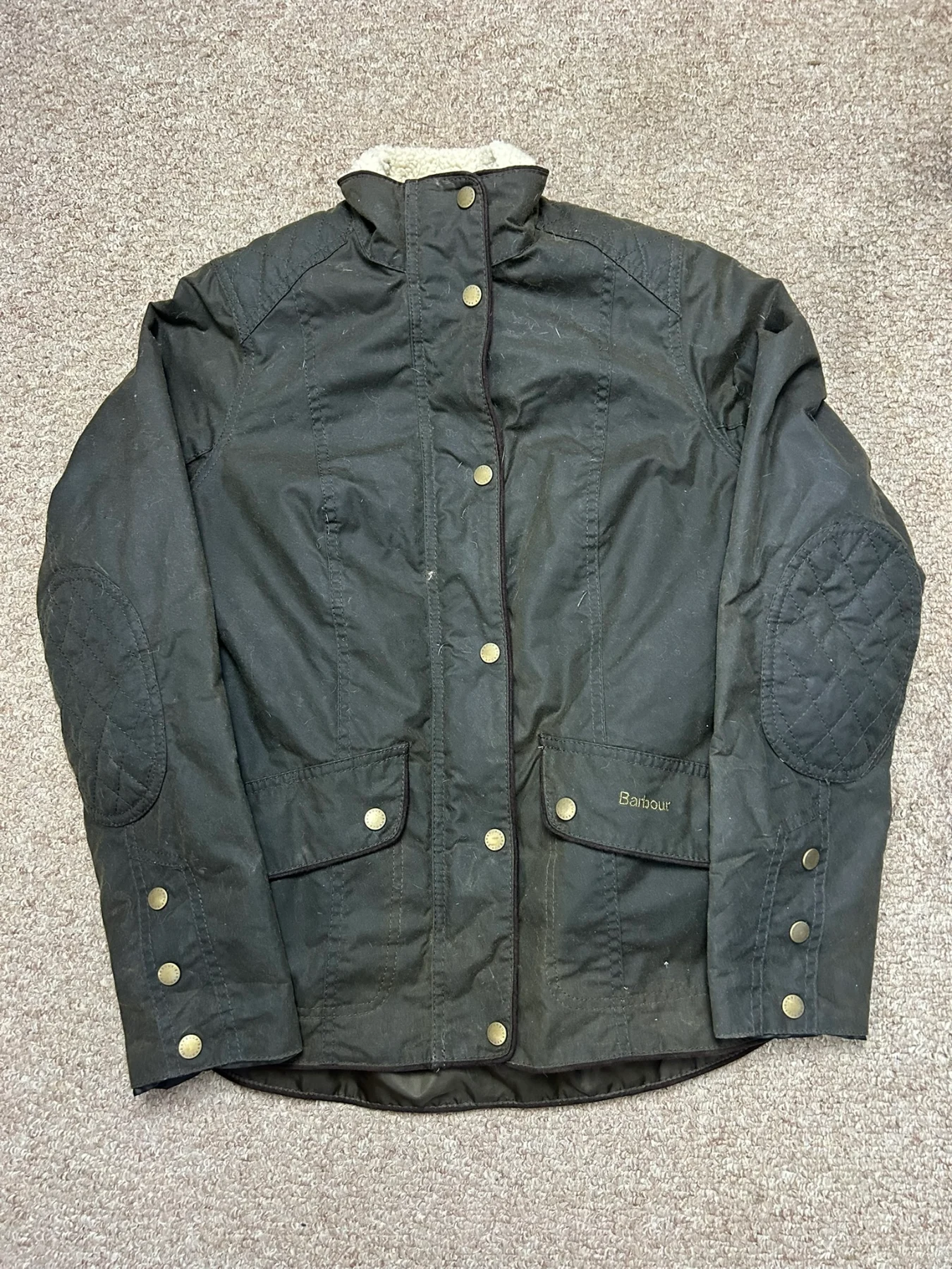 Barbour Brocklane Women’s UK Size 8 Sherpa Lined Olive Green Wax Jacket Zip Coat