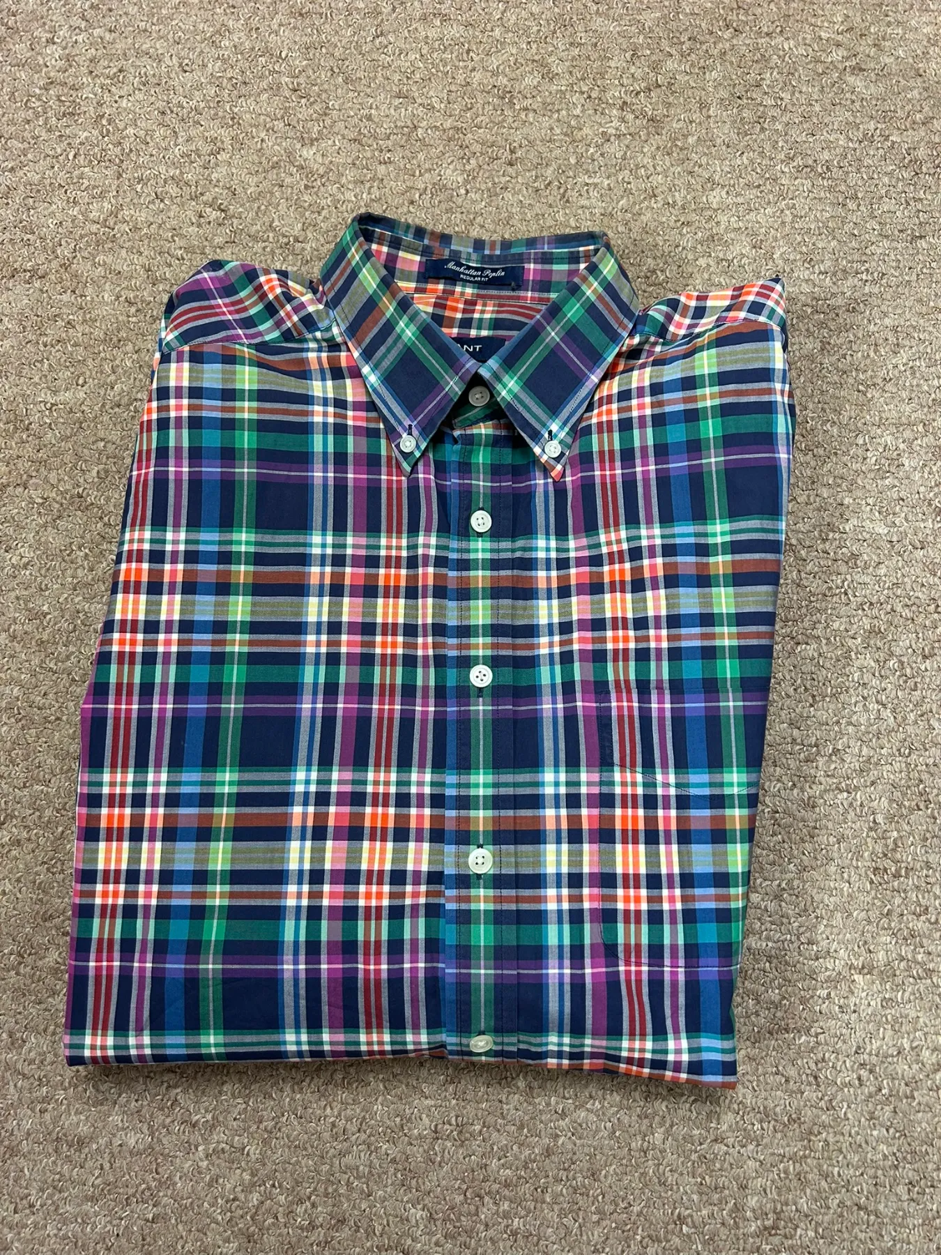 GANT Manhattan Poplin Mens Shirt XL Regular Fit Long Sleeve Check Plaid Cotton