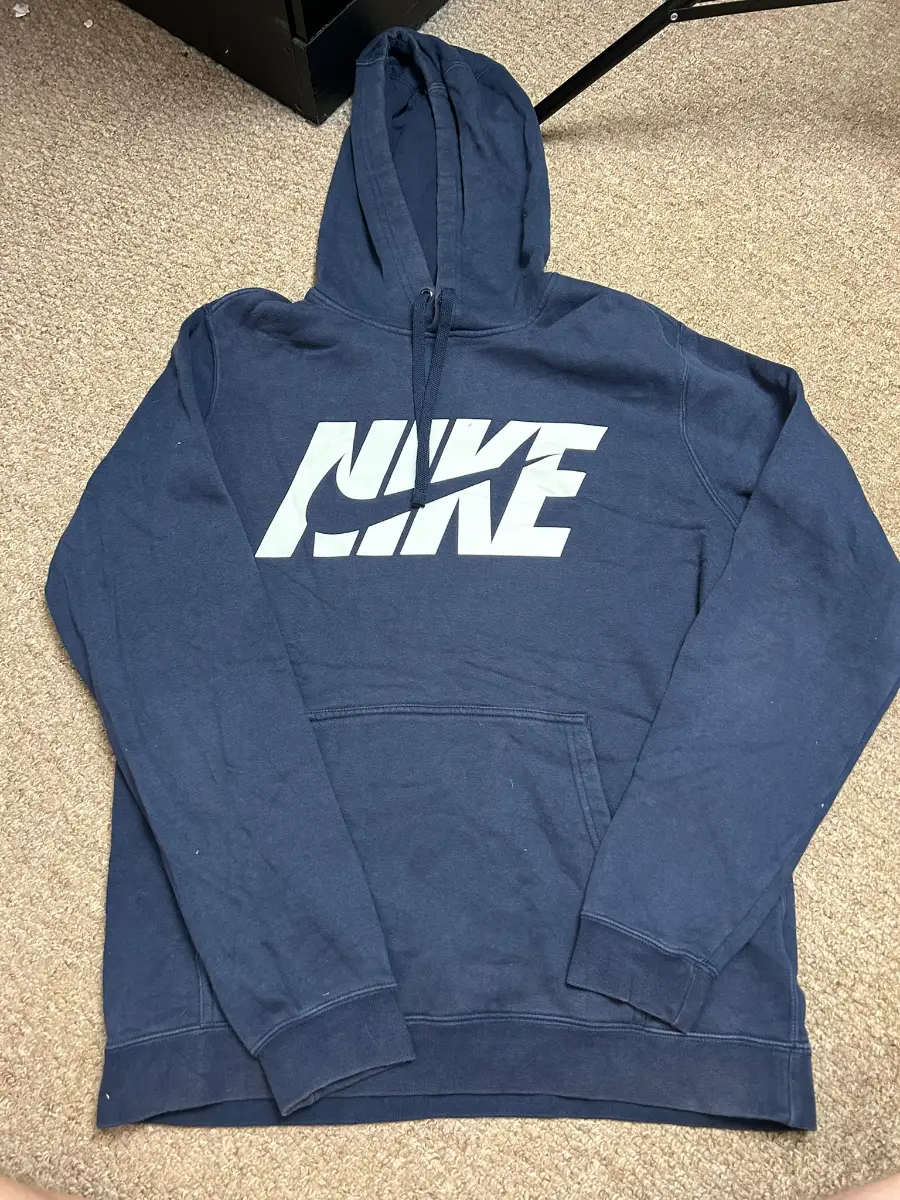 Nike Sportswear Mens Size Medium Hoodie Navy Blue Spellout Logo Pullover Jumper