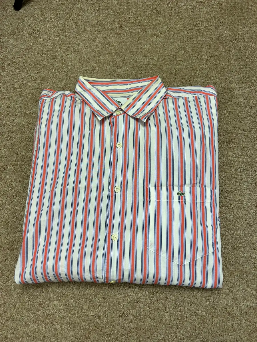 Lacoste Pinstripe Long Sleeve Shirt Mens Size 44" Large Red White Casual Button Up