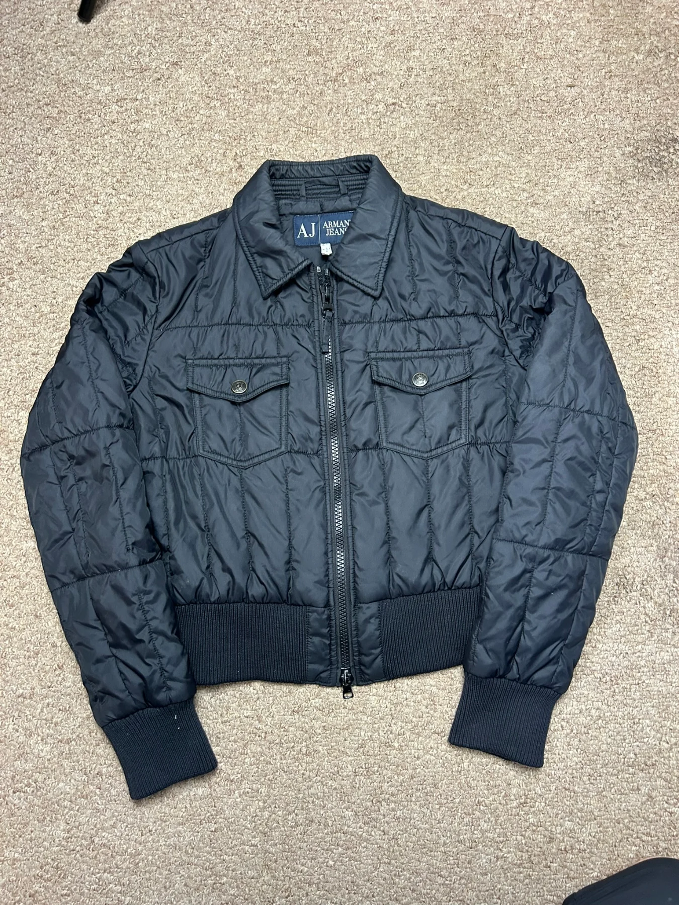 Vintage Armani Jeans Black Quilted Cropped Bomber Jacket Womens Coat UK 8 Y2K AJ