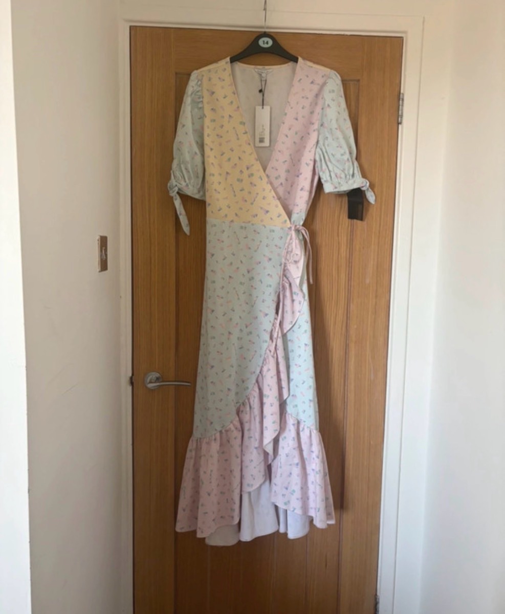New with tags Olivia Rubin pastel funky print wrap dress with frilly ruffle details Size 12