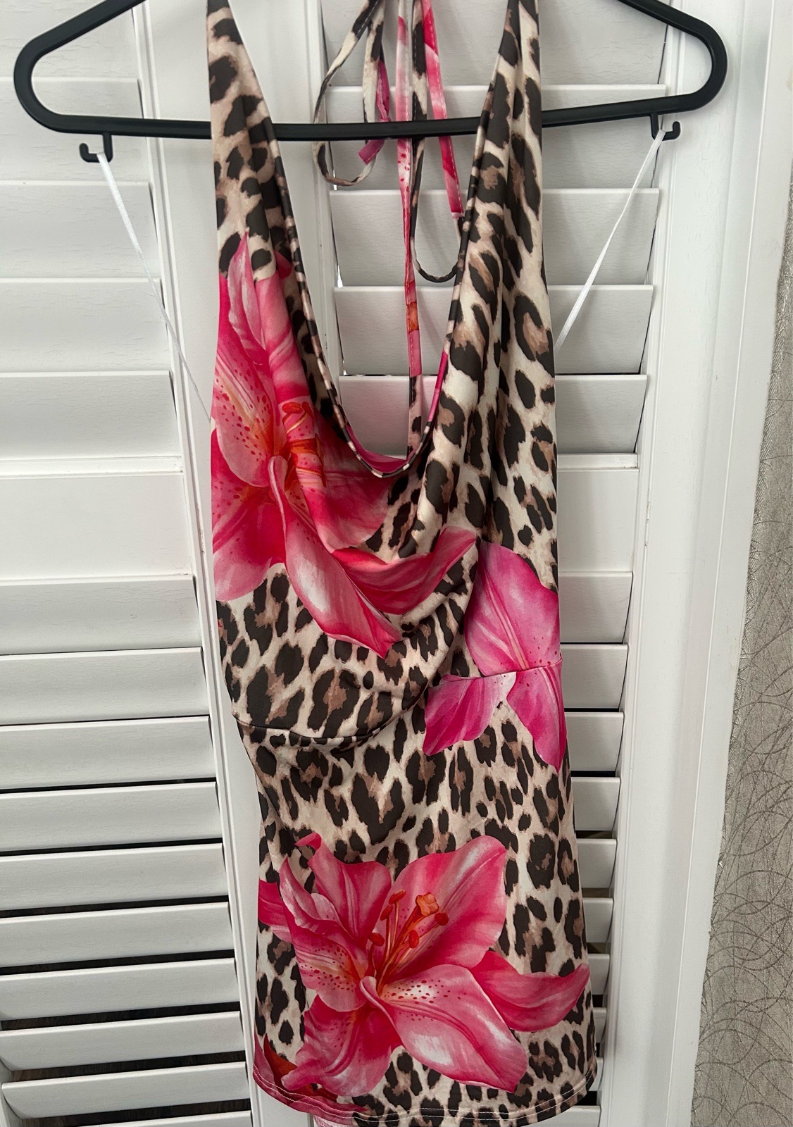 Fuchsia Pink Lily and Leopard Print HalterNeck Backless Dress