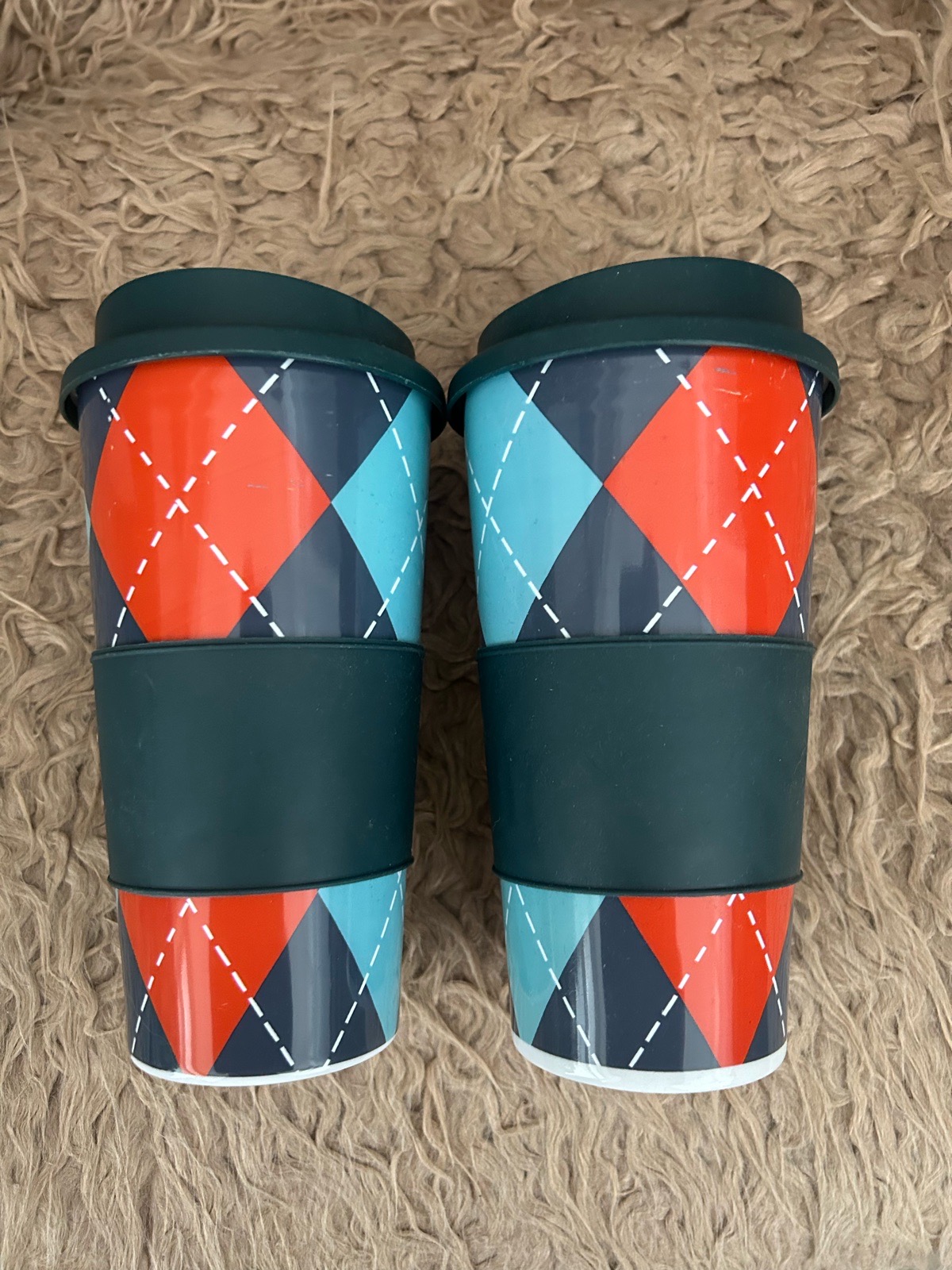 Two Argyle Patterned Travel Cups with Lids