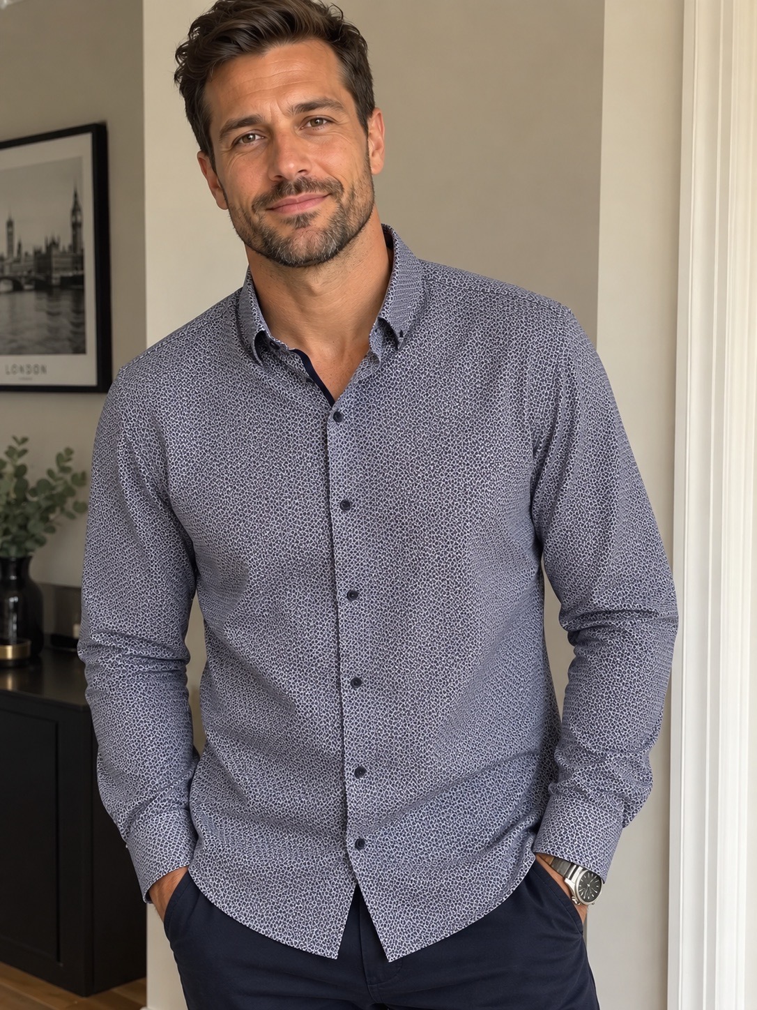 Next Men’s Navy Blue Geo Print Shirt Size XXL Regualar Fit Immaculate