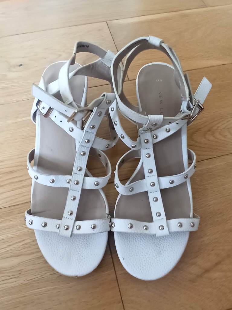 White New Look Heeled Gladiator Style Sandals with Ankle Strap Size 4