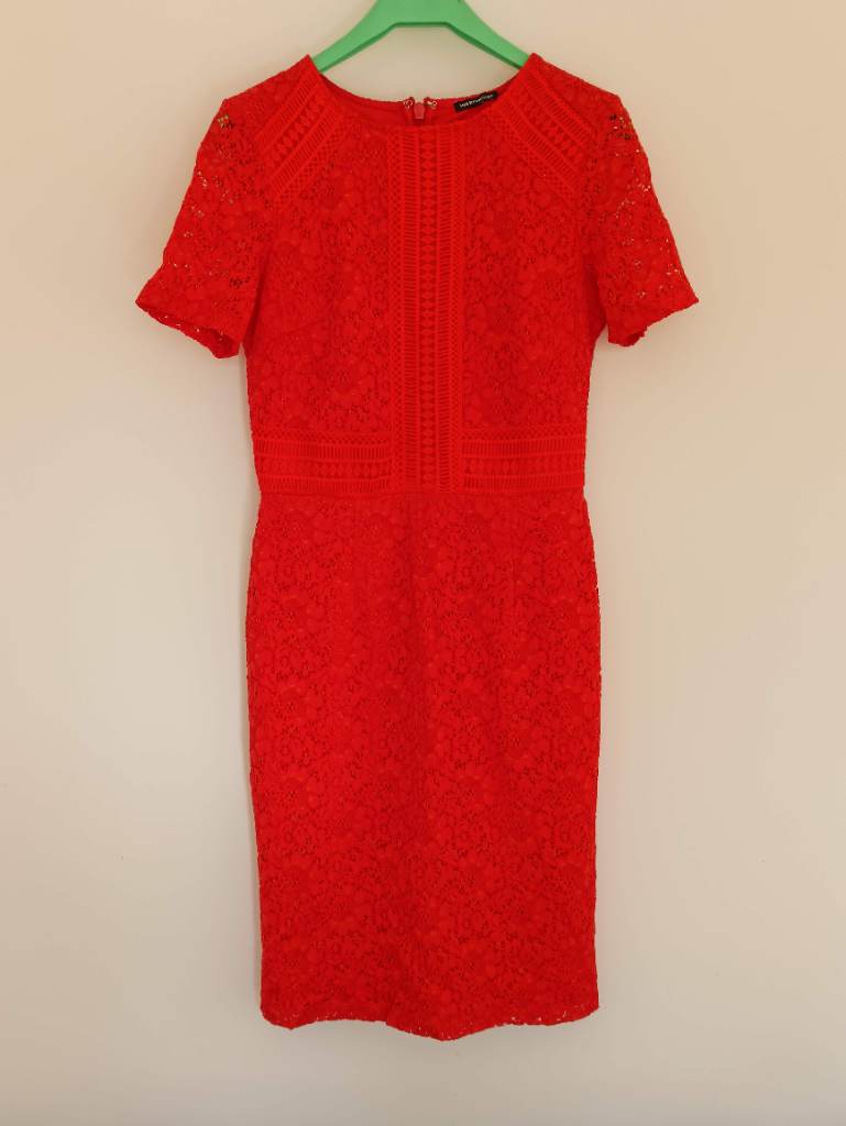 Warehouse Vibrant Orange Lace Effect Occasion Dress Size 12