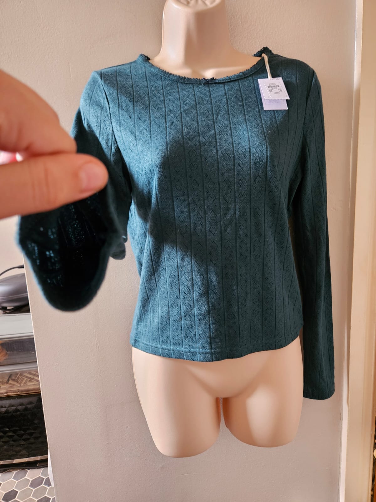 Primark Cares Green Pointelle Ribbed Long Sleeve Top Size S