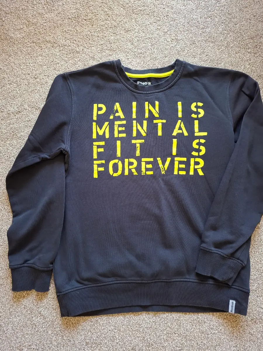Reebok sweatshirt, black, fit is forever slogan, size M