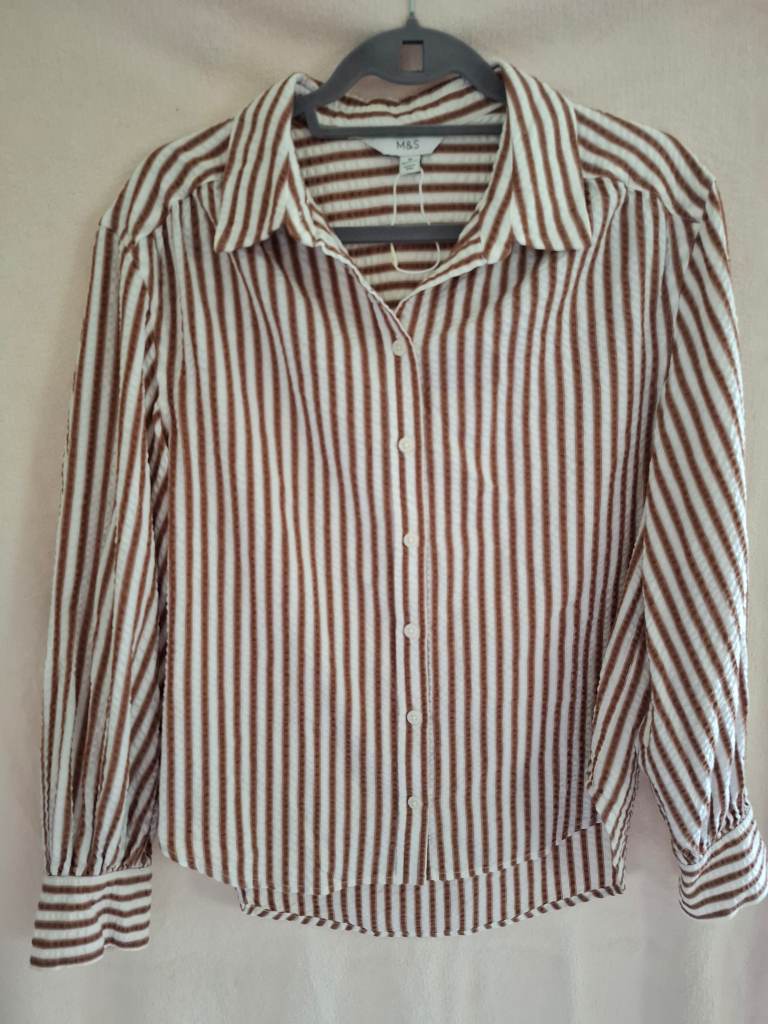 M&S light brown and white 100% cotton shirt/blouse. size 10