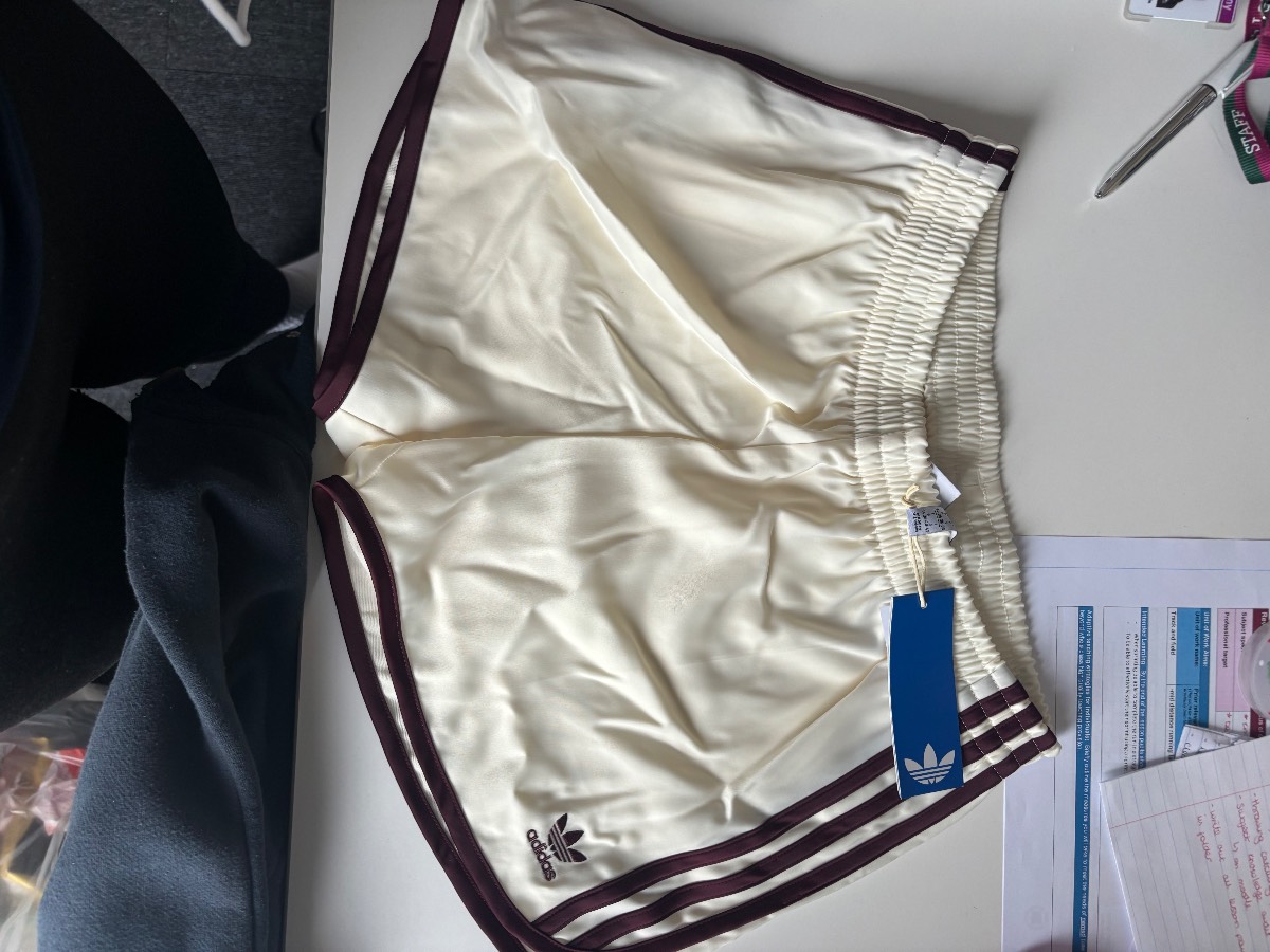 Adidas cream and burgundy shorts size L