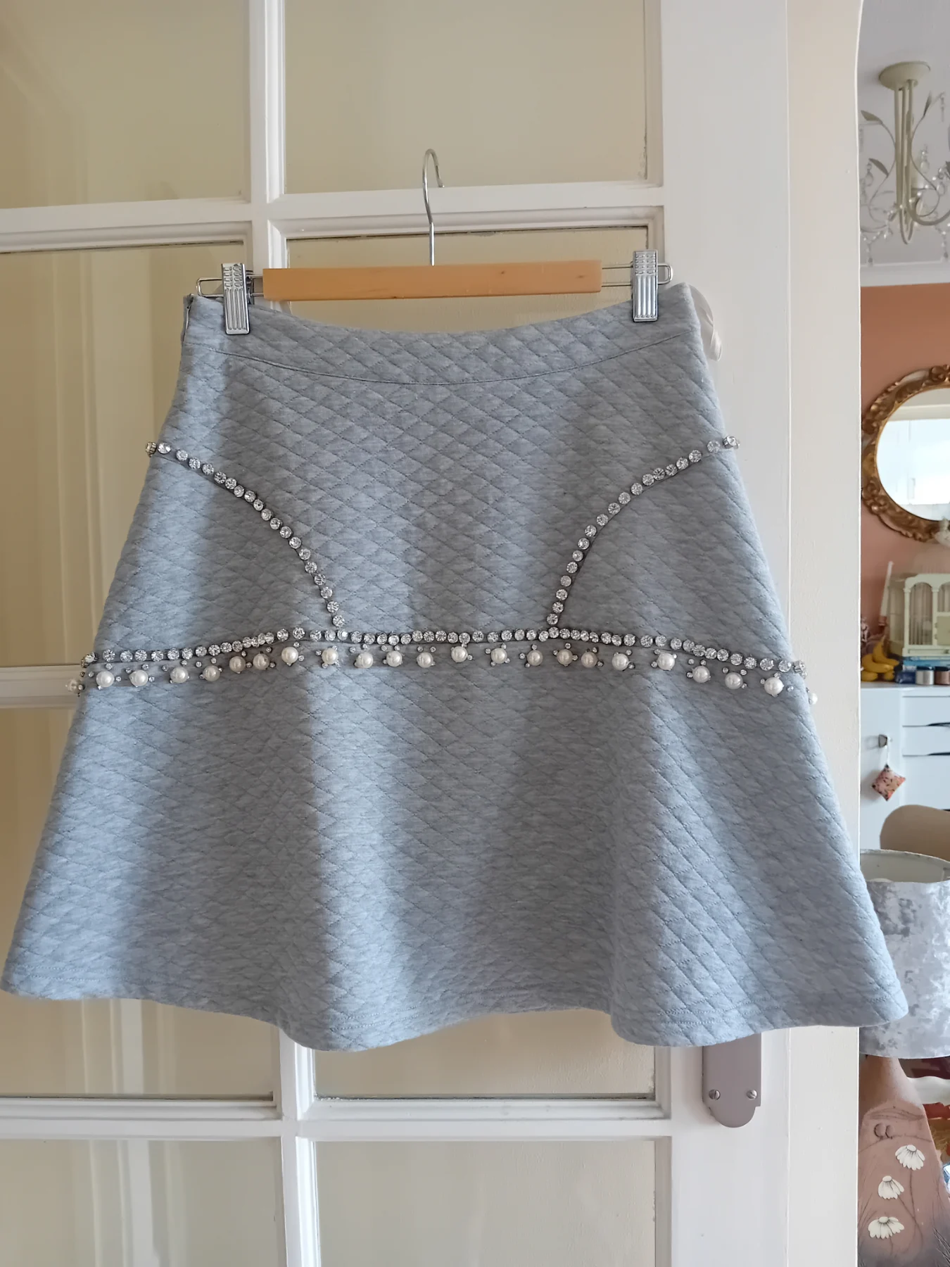 A-line pearl grey embellished skirt. Ci Ci design, size small vgc