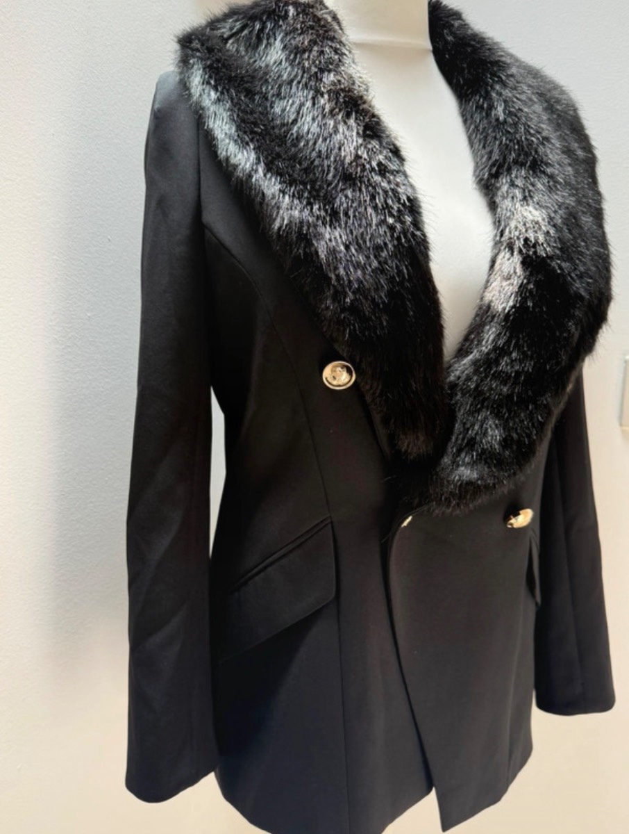 River Island Black Faux Fur Collar Blazer Jacket - Size 14 / EUR 40