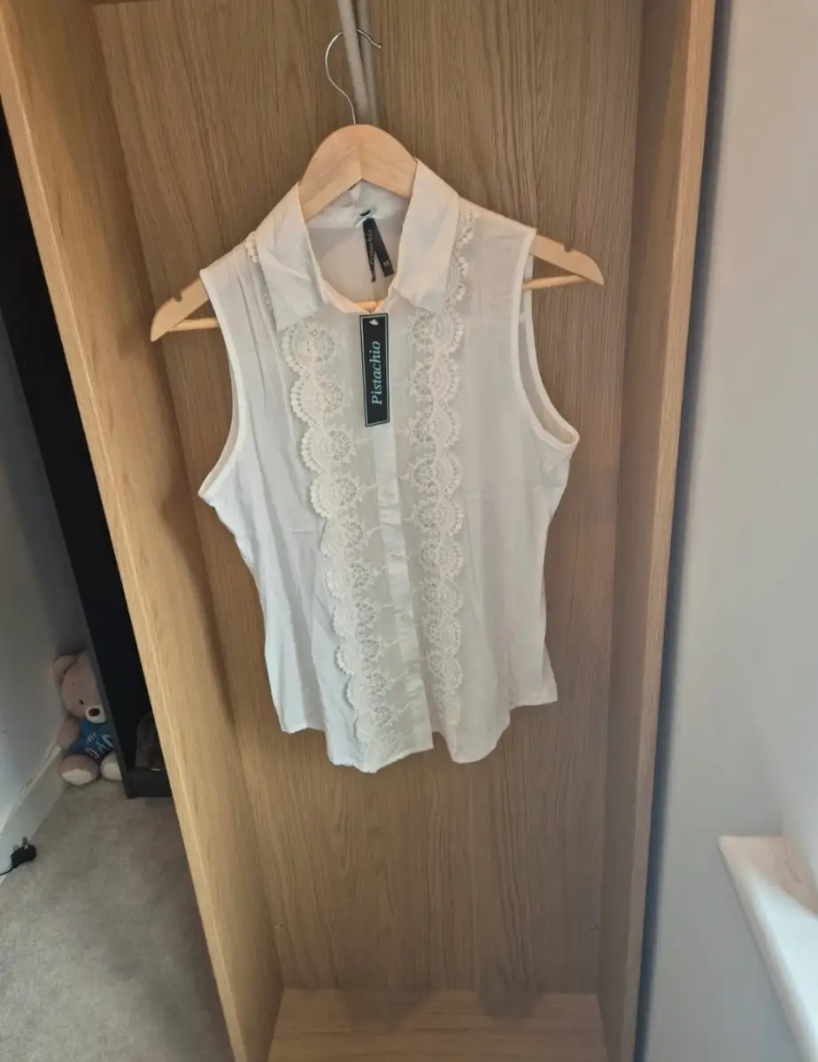 White Lace Detail Sleeveless Collared Shirt Blouse size 12 BNWT