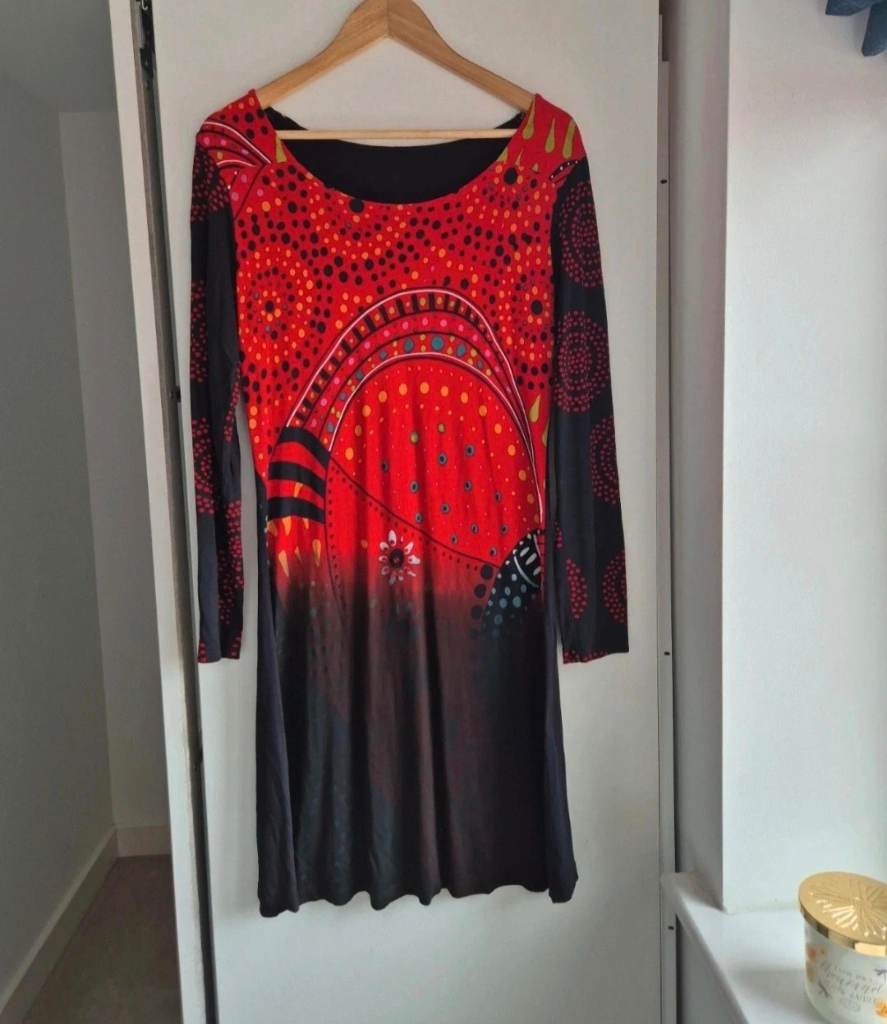 Desigual Red Black Abstract Printed Long Sleeve Tunic Dress Boho Festival Size 12