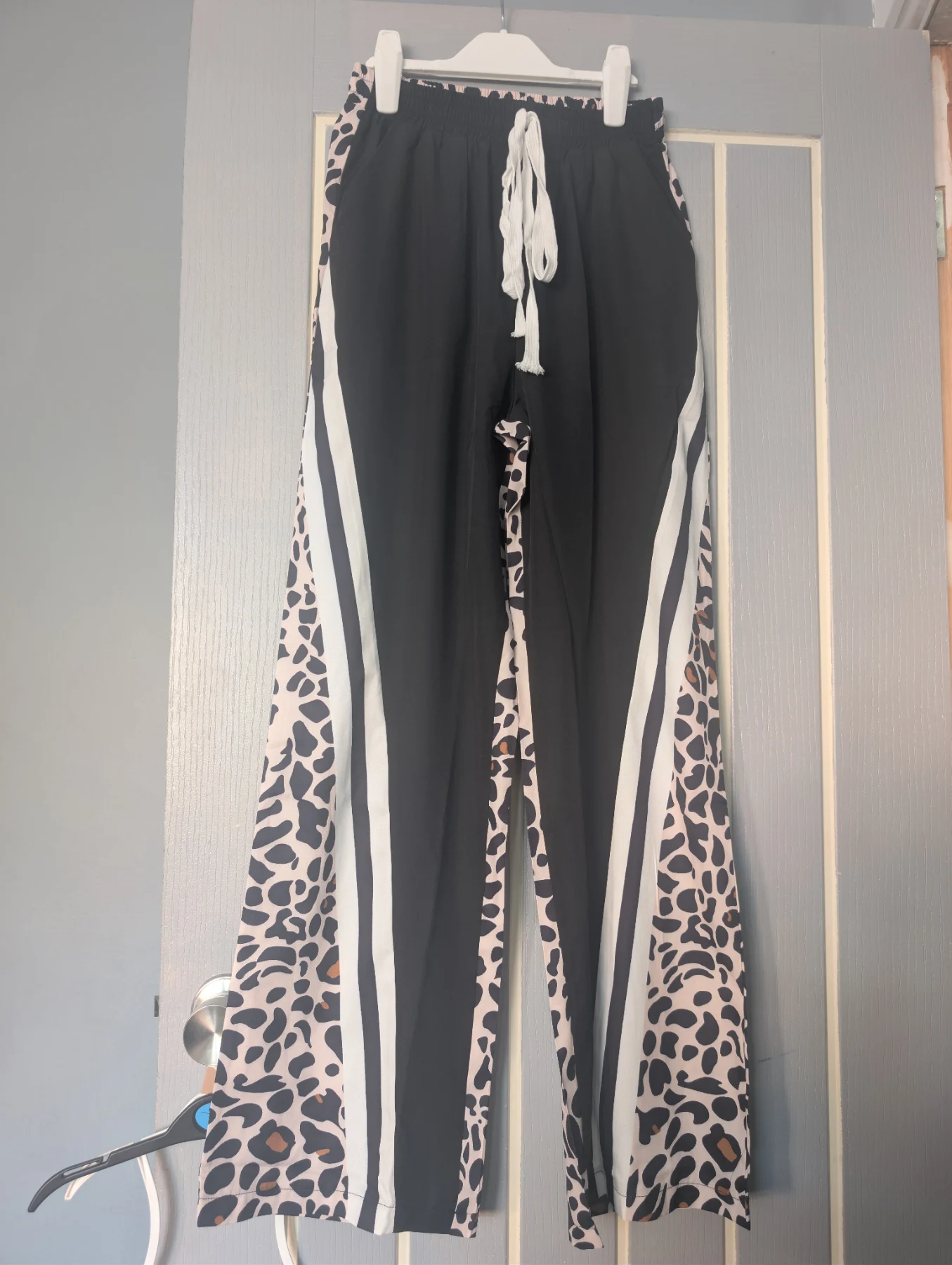 Leopard print wide legged trousers with striped leg womens size S